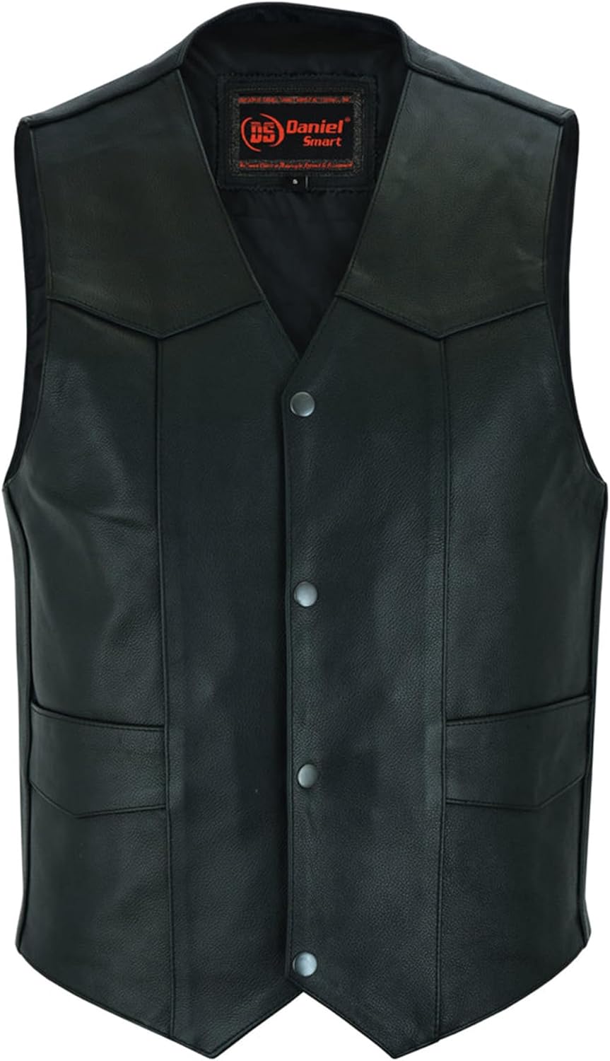 Daniel Smart Leather Motorcycle Vest Premium Cowhide Biker Vest for Men with Plain Sides Design & Multiple Carry Pockets