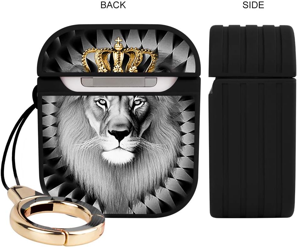 Compatible with Airpods 1&2 Magnetic Closure Full Body Protective Hard Plastic Airpods Case Lion Design Wireless Charging Black Cover with Ring Key-Chain