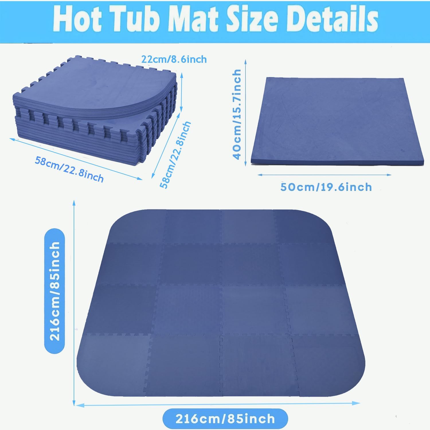 1/2" Thick Hot Tub Mat for Inflatable Tub, 85IN Hot Tub Pad Foundation,Interlocking Eva Foam Padding for Outdoor Indoor Flooring Protector Mats Non Slip Pool Spa Floor Pads Square Blue