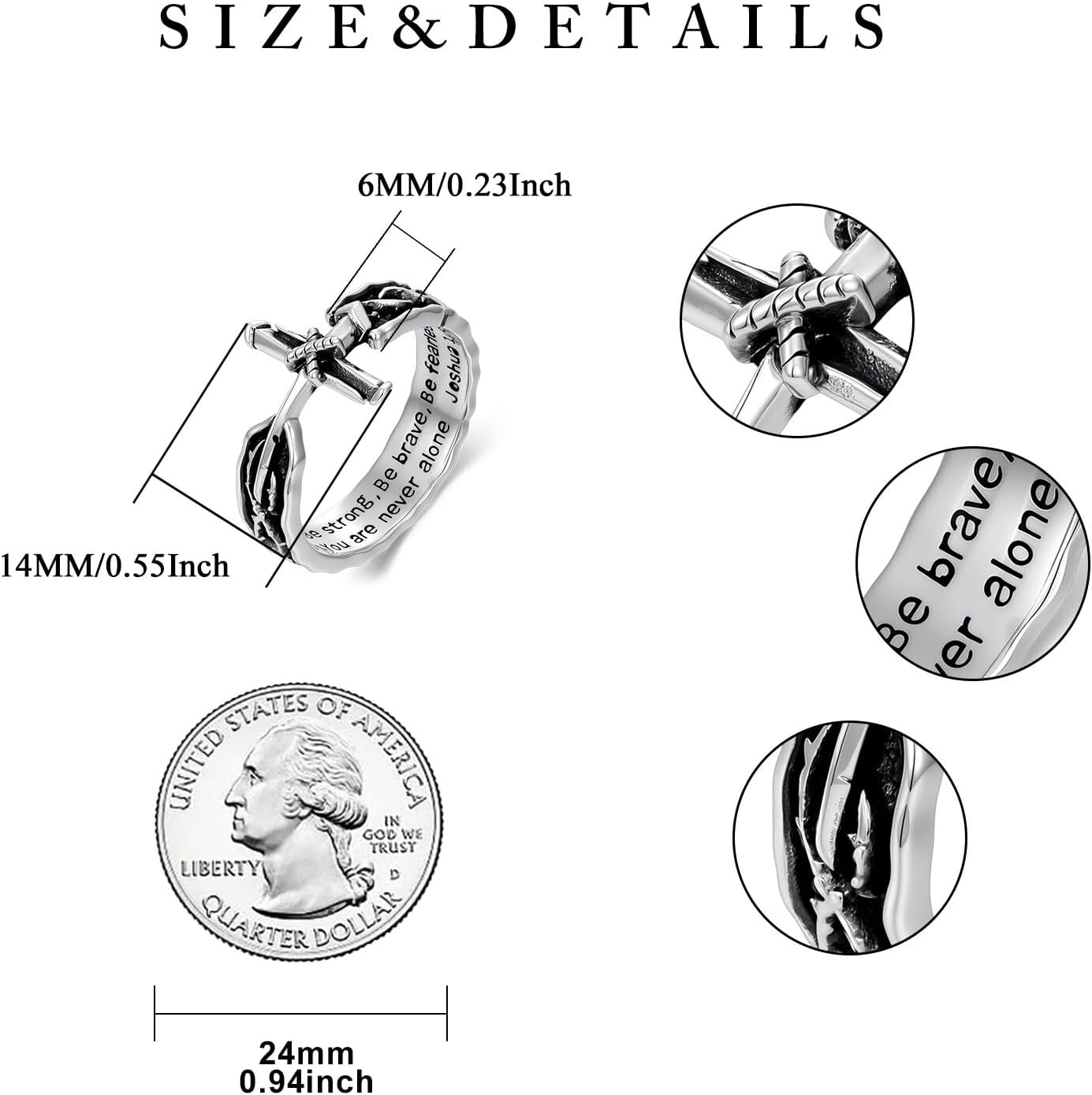 Cross Ring for Men with Joshua 1:9 925 Sterling Silver Christian Crown Of Thorn Nail Cross Band Rings for Dad Son Size 9-13