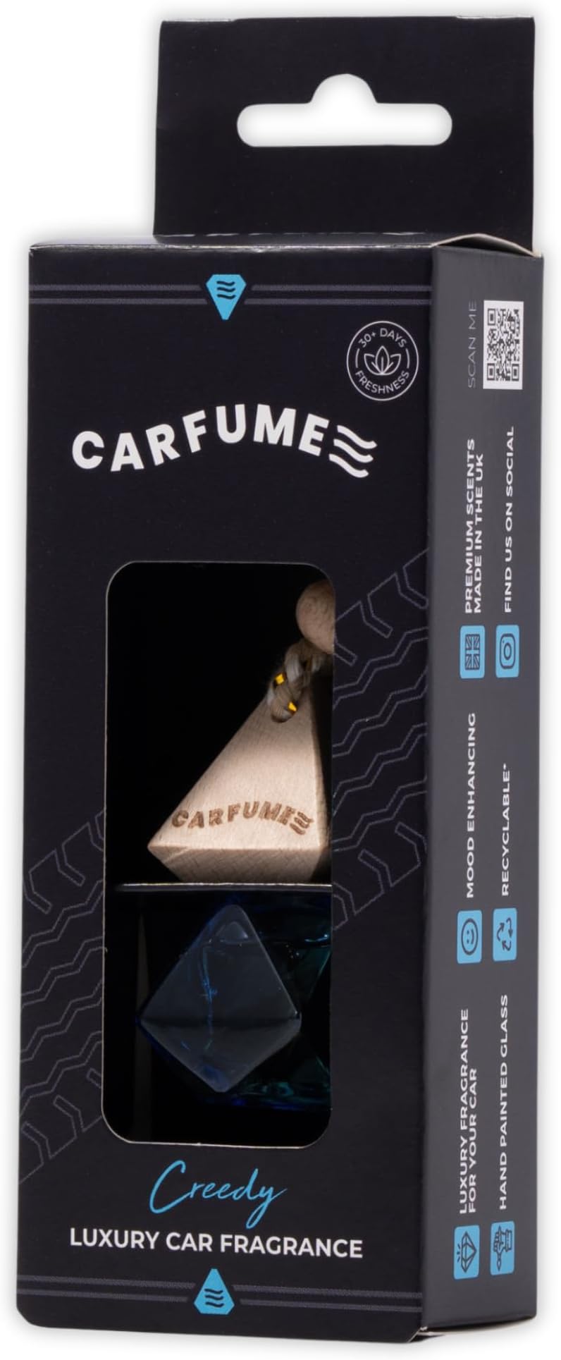 Carfume Creedy Car Air Freshener Original| Premium Earthy Musk, Ambergris & Juniper Fragrance | Luxury Blue Recyclable Scented Diffuser For Men - Odour Eliminator - UK Made Car Accessories