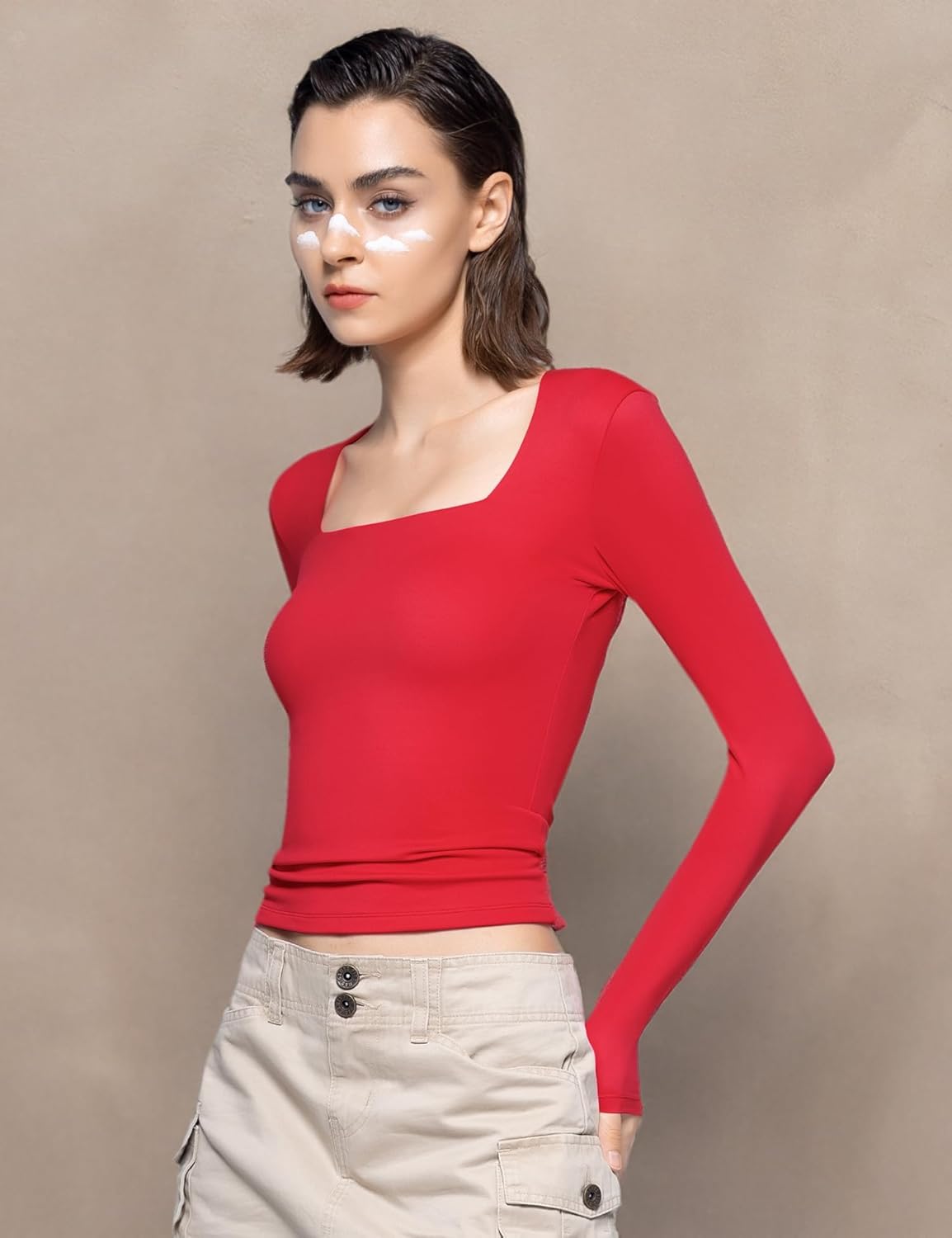 PUMIEY Women's Square Neck Long Sleeve T Shirts Slim Fit Tops Basic Tee Smoke Cloud Pro Collection - Image 7