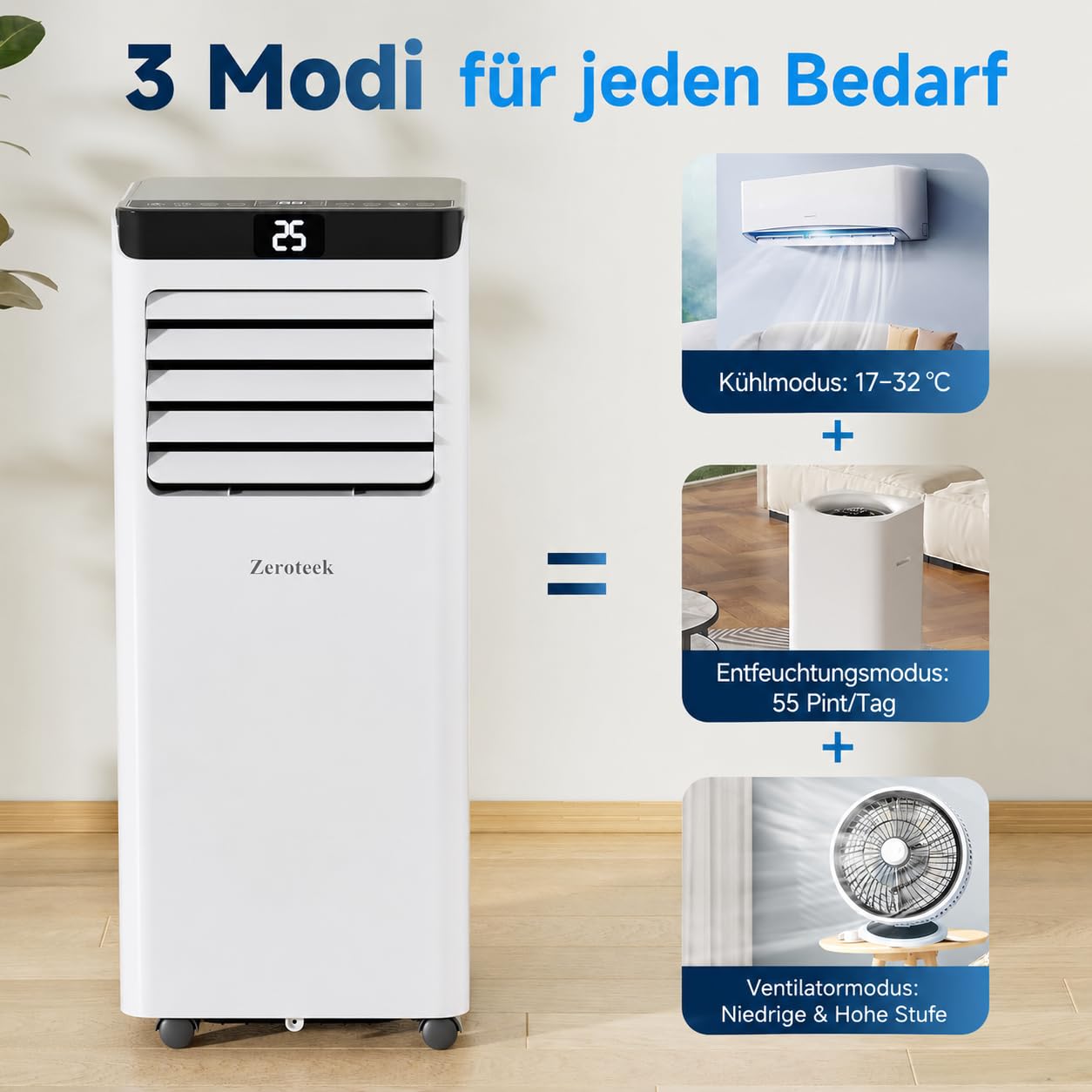 Klimaanlage Mobil, 4-in-1 Leistungsstark Mobile Klimaanlage mit Abluftschlauch, Kühlen, Entfeuchten, Ventilator, Fernbedienung, Intuitive Anzeige, 24h-Timer, Fenster-Kit, für Räume bis zu 33m²/90m³