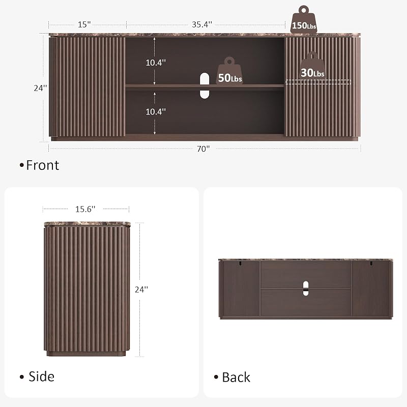 70" Modern Fluted TV Stand, for TVs Up to 80", Faux Marble Top, Brown Oak image 2