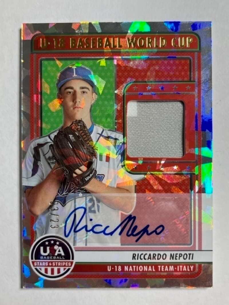 2023 Panini USA Stars and Stripes U-18 World Cup - Italy Materials Signatures Prime #20 Riccardo Nepoti Jersey/Relic Auto Autograph SER/23 U-18 National Team-Italy Prospect Baseball Card in Raw (NM or Better) Condition