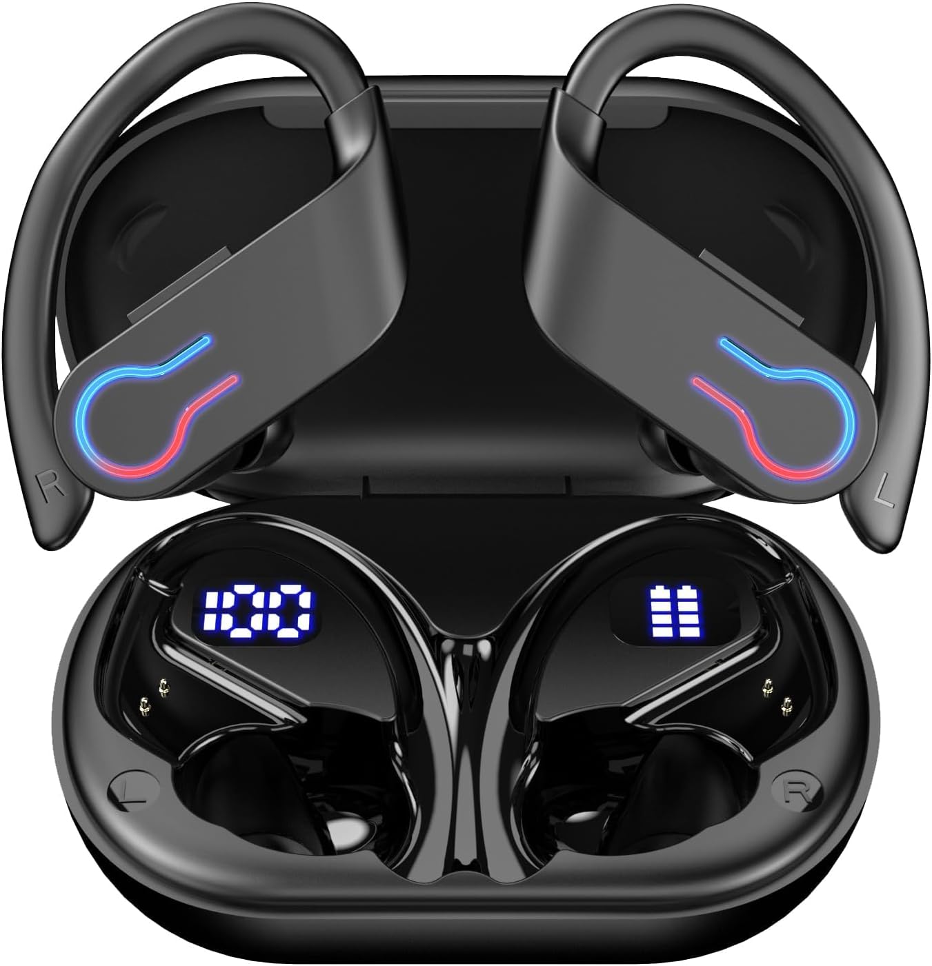 Wireless Bluetooth Earbuds with 200H Playtime,Bluetooth 6.1 in Ear with Low Latency,Smart Noise Cancellation,IPX7 Waterproof,LED Power Display & Ergonomic Ear Hook–Ideal for Sports,Work,Travel- Black