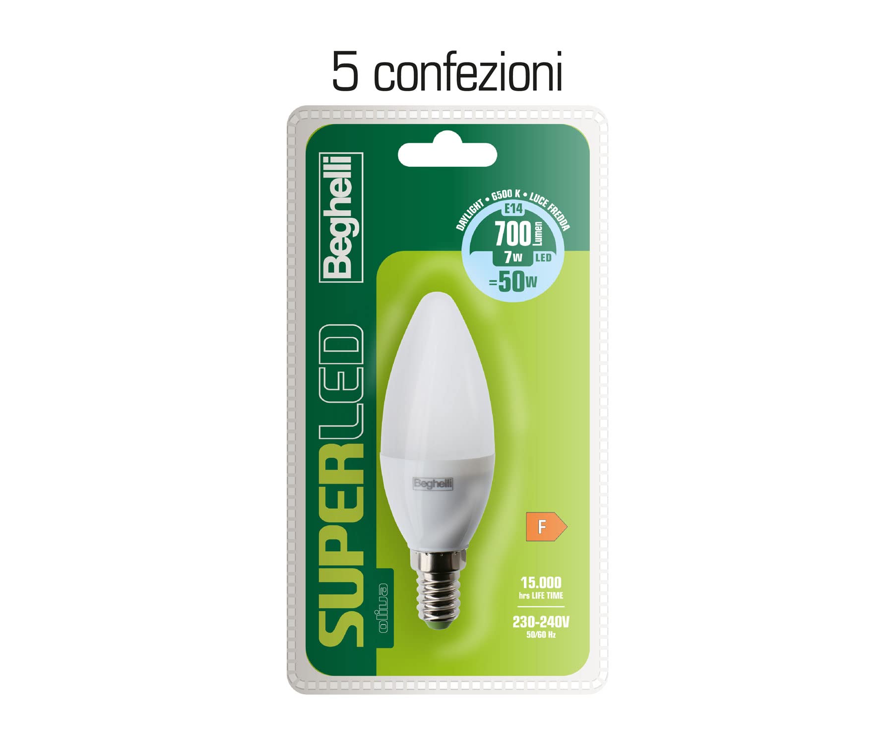 Beghelli - SUPER Led Lampadina Led E14 Luce Fredda, Lampadina Led a Oliva 7W, 700lm, 6500K, 5 Pezzi