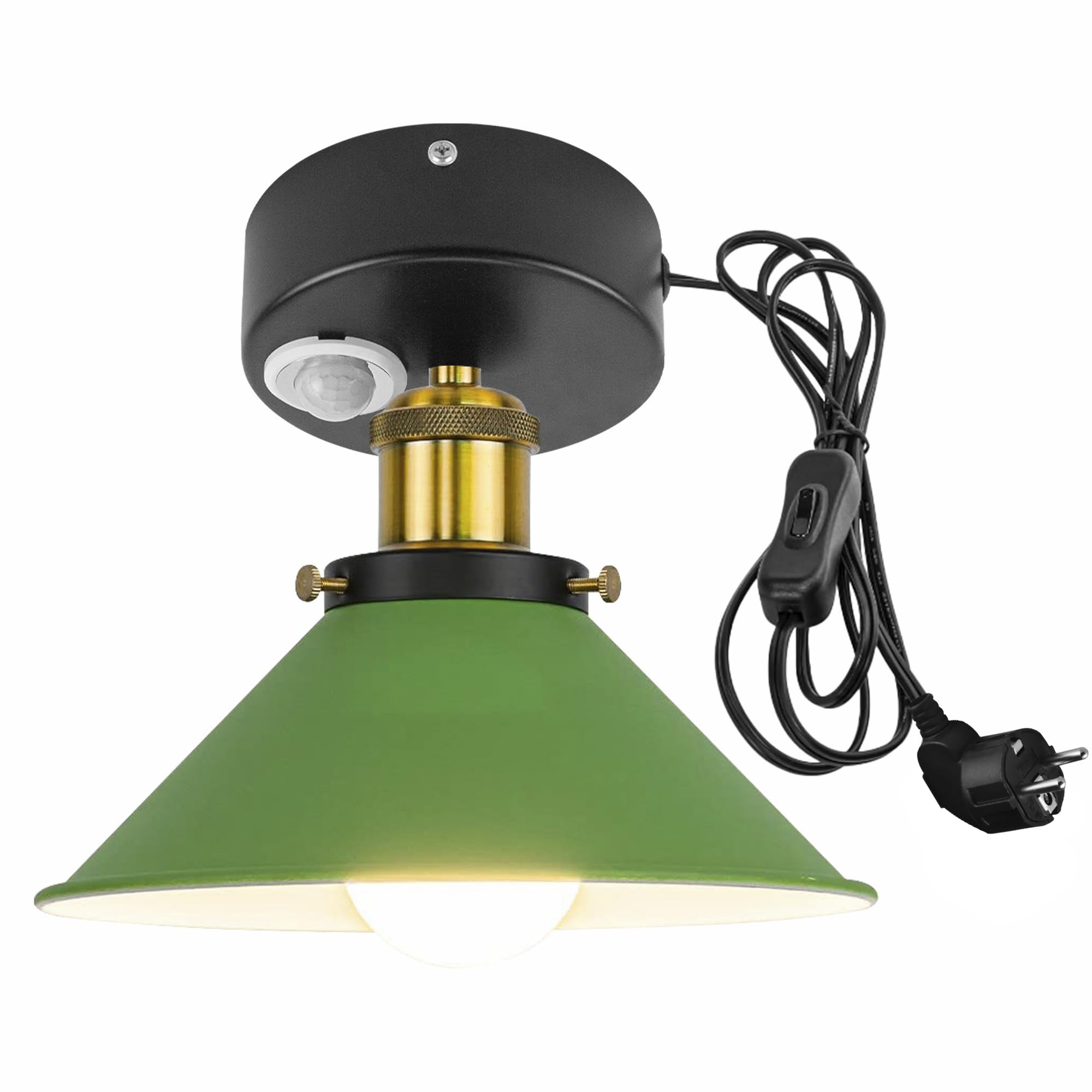 Plafoniera con sensore di movimento interno, in alluminio industriale, con sensore di movimento radar con cavo da 4,5 m e portalampada E27, per scale, garage, corridoio, bagno, verde