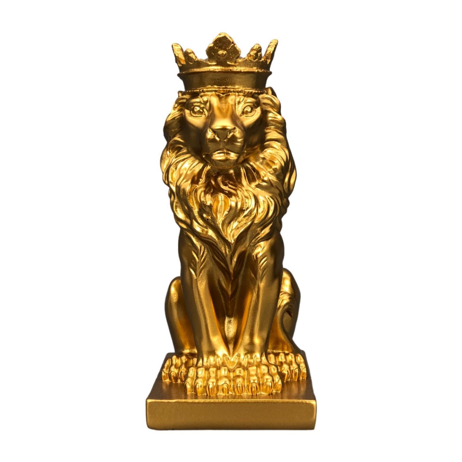 PIXZCSA Artful Lion With Crown Statue Sculpture Unique Elegant Tabletop Decor Handcrafted Gift For Any Occasion Animal Lion With Crown Statue Sculptures Decor, Golden, 6.3x9x14.5cm