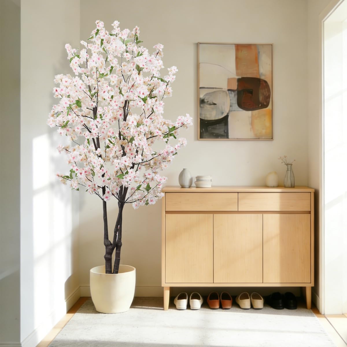 BINCUE Artificial White Cherry Blossom Tree Fake Tree Cherry Blossom Decor Fake Flowers Faux Flowering Tree White Flowers Floral for Indoor Outdoor Room Home Decor Spring Gift 5.74FT