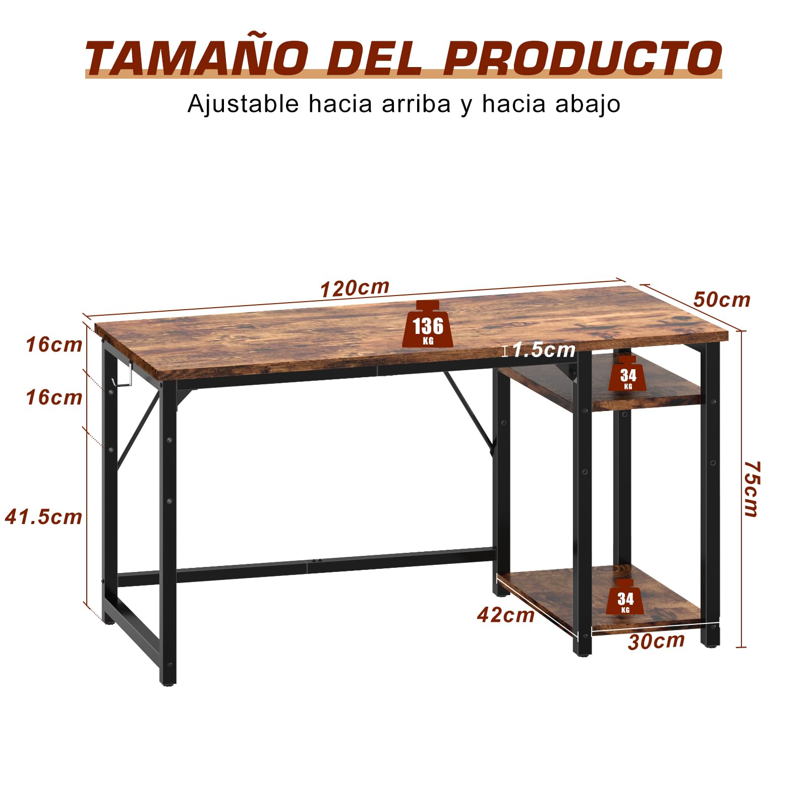 JUMMICO Escritorio con 2 estantes Ajustables de 120 cm, Escritorio de Ordenador con Almacenamiento, Estructura de Acero sólido, Estaciones de Trabajo Reversibles a Izquierda y Derecha, Marrón