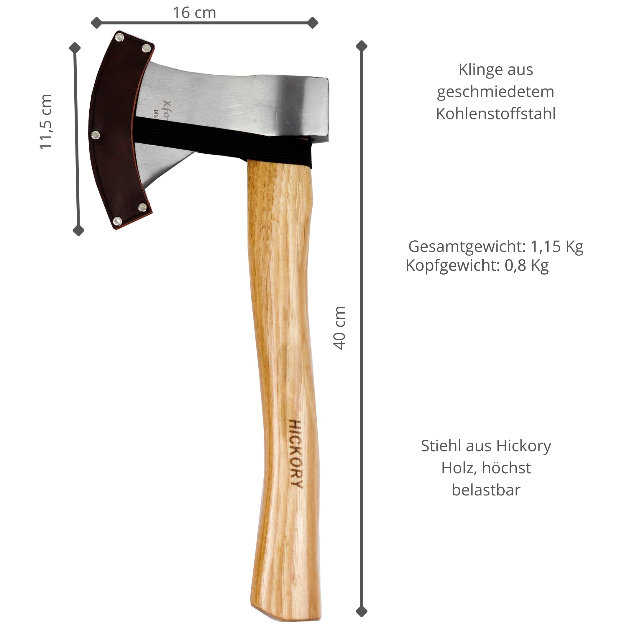 Xforst Hacha de Mano para Leña, Camping y Jardín, Hoja de Acero al Carbono con Mango de Madera de Hickory, Cabeza 800 g, 40,5 cm, Conforme a DIN 5131 y TÜV/GS, con Funda Protectora, X-UW800C