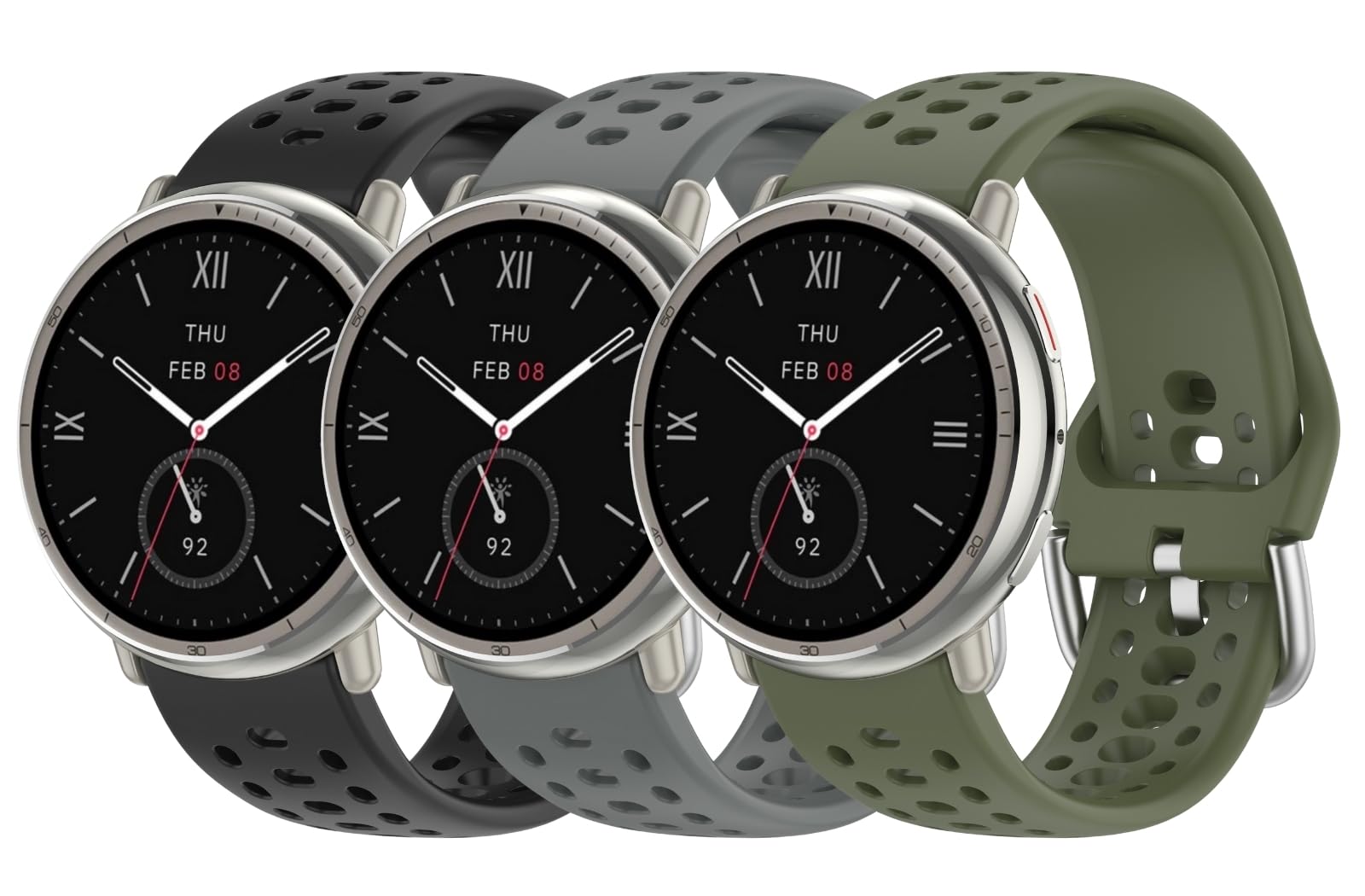 Bracelet de montre de 20 mm pour Amazfit Active 2, bracelet de montre de sport à dégagement rapide en silicone compatible avec Amazfit Active 2/Active (lot de 3, noir/gris sidéral/vert