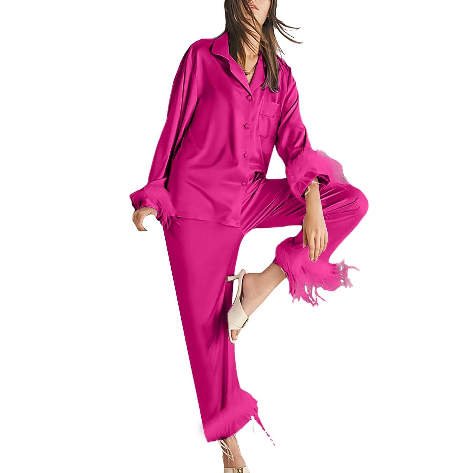 Conjunto de pijama de satén para mujer, parte superior con botones frontales, mangas largas, pantalones a juego, ribete de plumas, suave, ligero, comodidad nocturna para dormir, descansar en casa