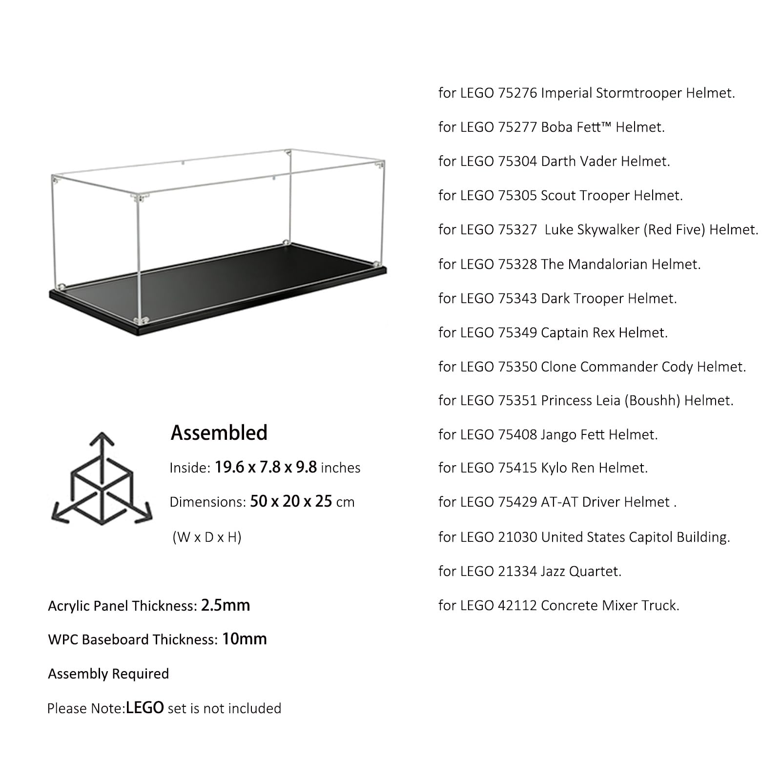 1 pièce 50x20x25cm Vitrine en Acrylique Transparente Anti - poussière 3mm, Grande Boîte de présentatio pour Lego 21030 21334 75304 75328 75349 76285 80110 Model