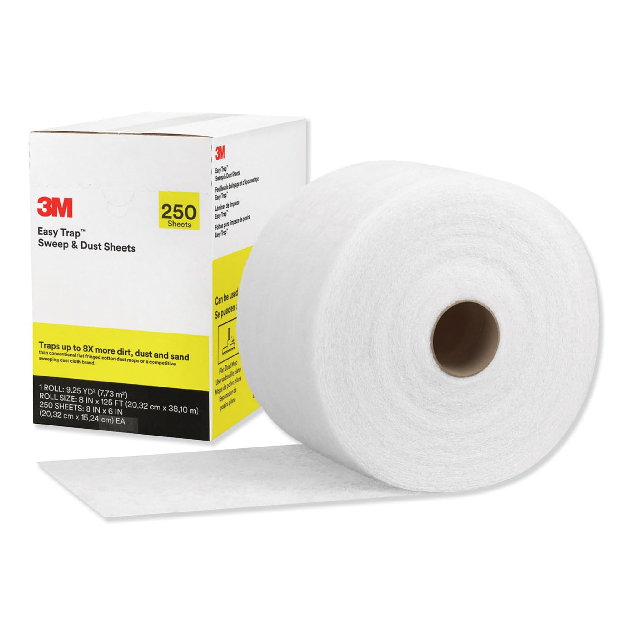3M Easy Trap Sweep and Dust Sheets, 1 Roll of 250 8" x 6" Sheets, Disposable Easy Sweep Floor Duster, Picks Up 8x More Dirt, Dust, Sand, Hair, Works on Dry or Wet Surfaces, 55654W