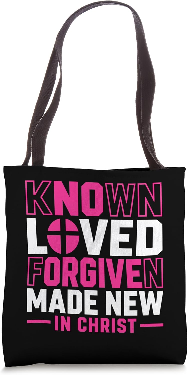 Known Loved Forgiven Made New in Christ Faith Cross Quote Tote Bag