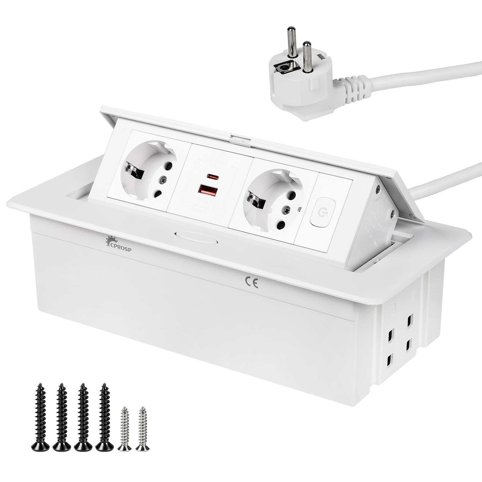 CPROSP Regleta Empotrable de Mesa con 2 Enchufes y USB (1A+1C) | Color: Blanca