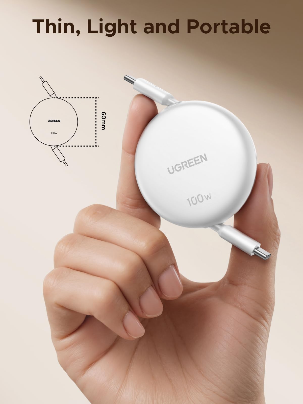 UGREEN 100W Cavo USB C Retrattile PD 3.0, Cable Type C Avvolgibile Ricarica Rapida, Compatibile con MacBook, iPad Air, iPhone 17 Pro Max Air/16/15 Plus Pro Max, Galaxy S25 S24, Pixel 10/9.Bianco