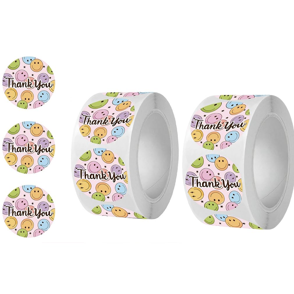 1000Pcs 1inch Happy Smile Face Thank You Sticker Cute Round Waterproof Stickers Business Supplies Thank You Stickers Rolls Decal Pastel Adhesive Seal