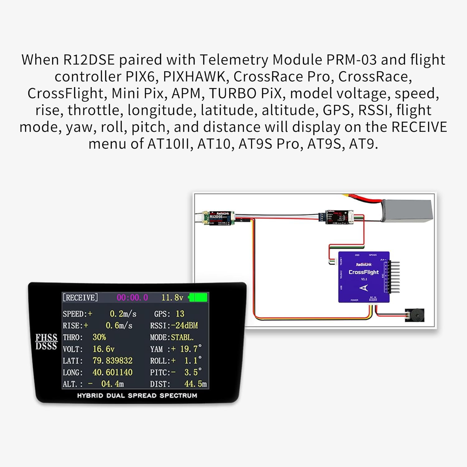 Radiolink R12DSE RC ricevitore 12 canali 2,4 GHz SBUS/PPM tensione elemetria e ampia portata per telecomando AT9/AT9S/AT9S Pro AT10II/AT10 per droni da corsa FPV, quadcopter ed elicotteri