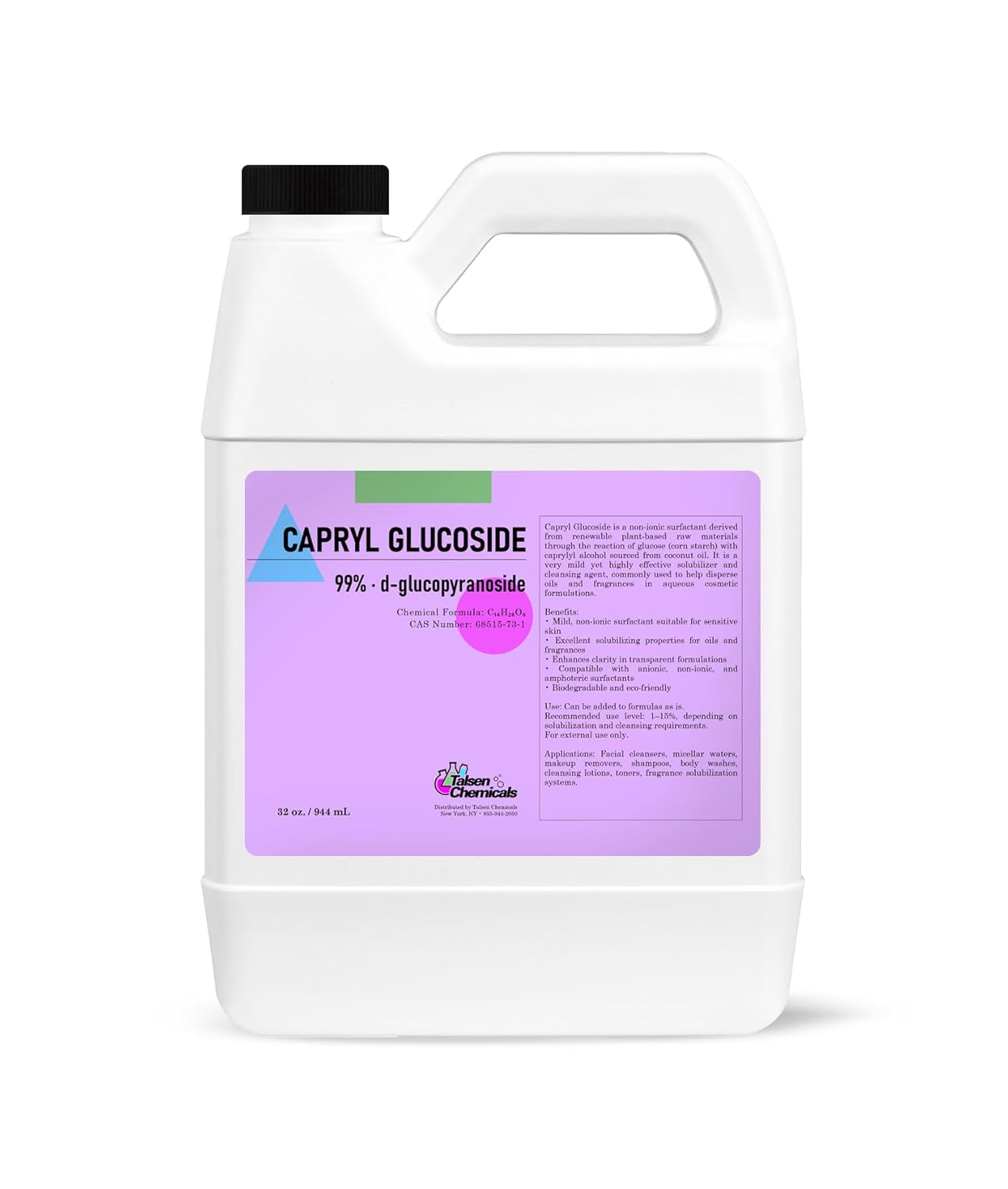 Capryl Glucoside Liquid Surfactant (32 Oz / 946 mL) Capryl Glucoside Cosmetic Grade Gentle Cleansing Agent, Mild Non-Ionic Plant-Derived Surfactant for Personal Care, Skincare & Hair Care