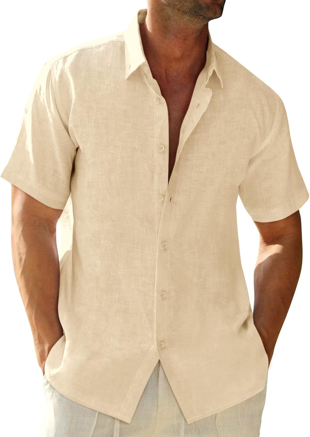Runcati Mens Button Down Linen Shirts Short Sleeve Casual Collared Summer Beach Untucked Tops