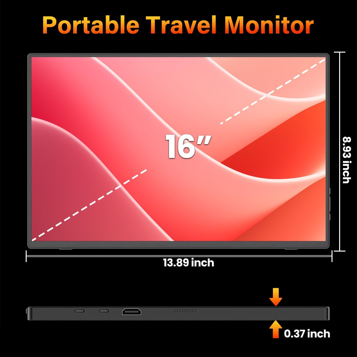 Portable Monitor 16 inch 2K QHD 2560X1600 450 Nits 106% sRGB 144 Hz HDR HDMI USB-C Travel Monitor for Laptop Mac PC Surface PS5 Xbox, External Display with Cover & Speakers, VESA Compatible 9