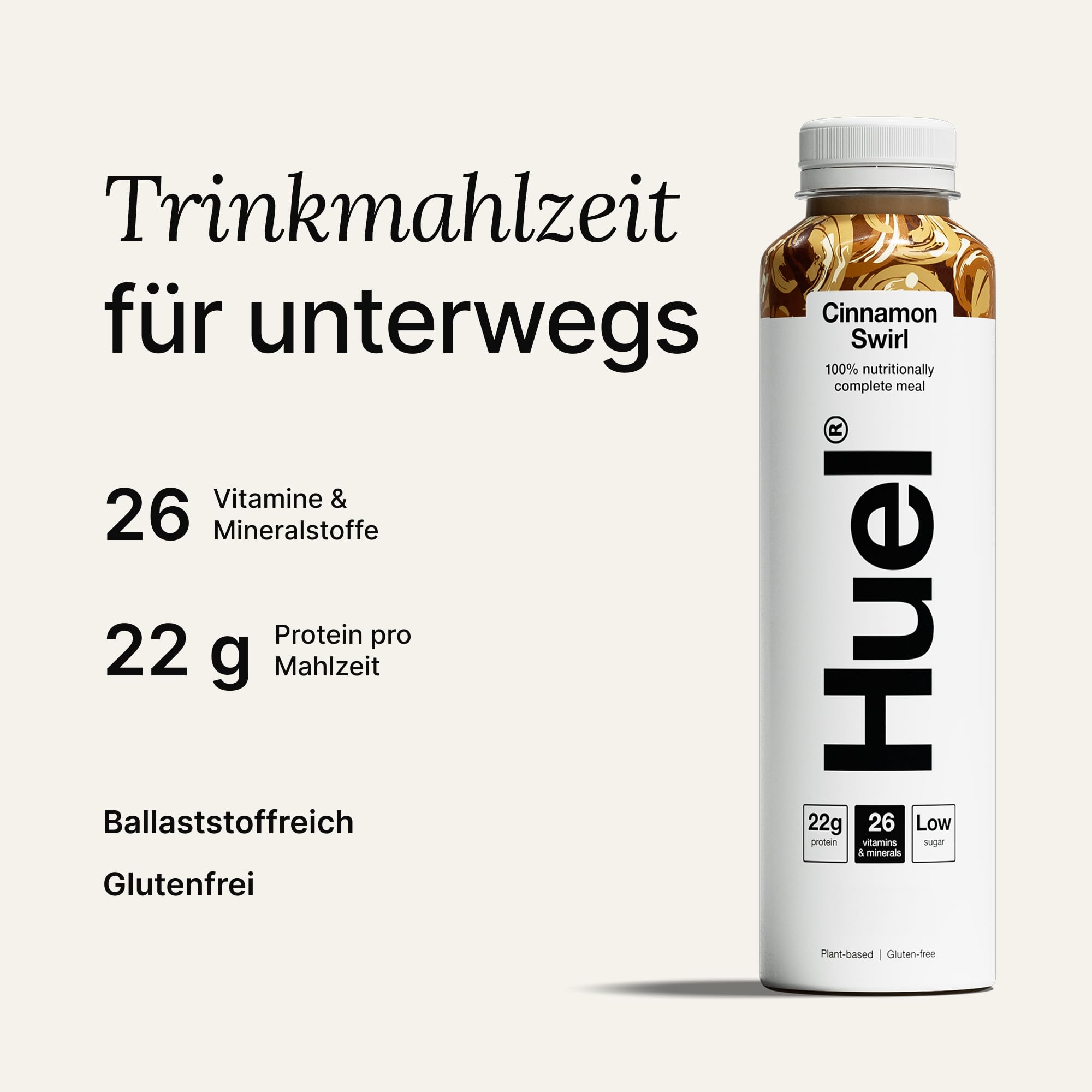Huel Drink Cinnamon Swirl, fertige Trinkmahlzeit für unterwegs - 12 x 500 ml - 22 g Protein, Reich an Vitaminen, Mineralstoffen & Ballaststoffen, Plant-based, Geschmack Zimt, inkl. 3 € Pfand