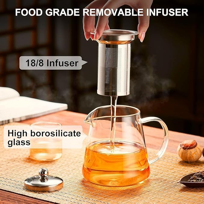 Image of Borosilicate Glass stovetop Kettle with Stainless Steel Infuser teapot to Infuse Tea Coffee Black Tea harbal kadha Tea Pot for Making Green Tea (400 ML Green Tea Kettle)
