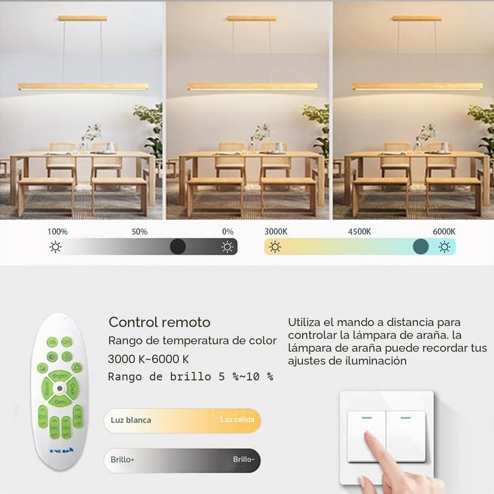 Moderno LED Lámpara Colgante de Madera Dimmable para Mesa de Comedor - Diseñador Lineal Altura Ajustable - Araña para Cocina Oficina