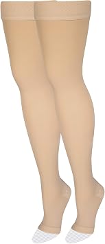 NuVein Medical Compression Stockings, 15-20 mmHg Support, Women & Men Thigh Length Hose, Open Toe, Beige, Small