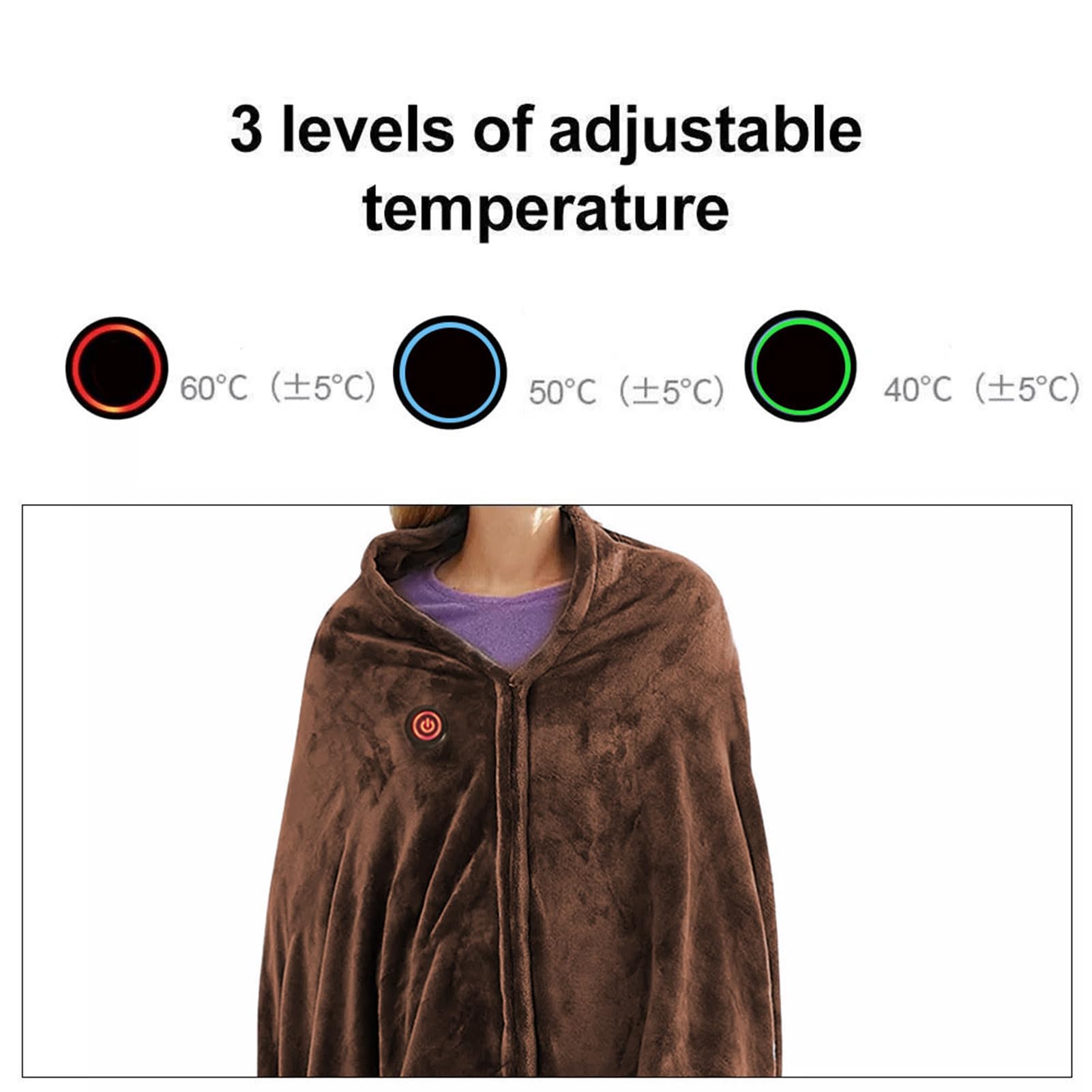 Manta Electrica Individual Portátil, 150 X 85 Cm Chal Calentado por USB, Temperatura Ajustable De 3 Niveles Y Calentamiento Rápido, Manta Lavable Desmontable