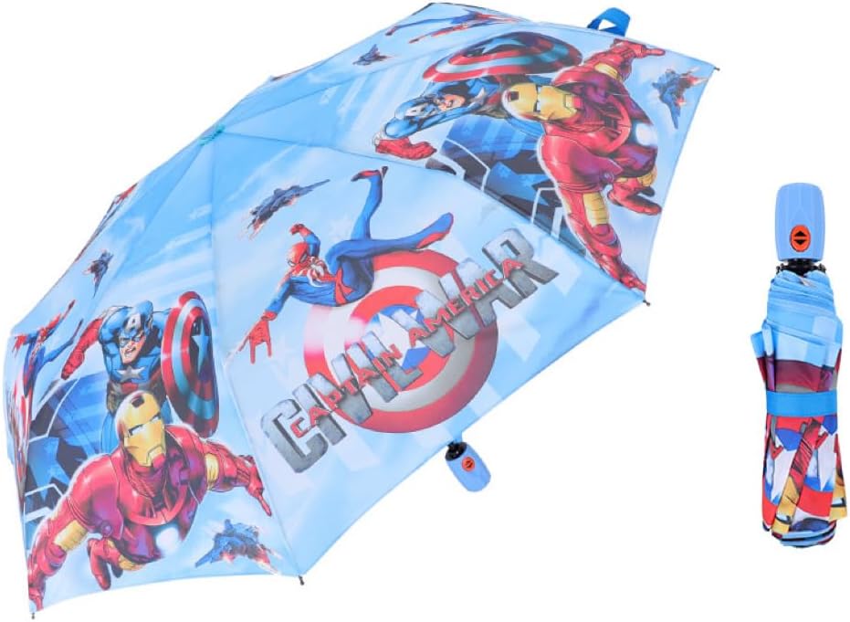 Blue Superhero Pongee Fabric Auto Open/Close Umbrella Windproof UV Protection Compact for Easy Carrying Non Slip Handle