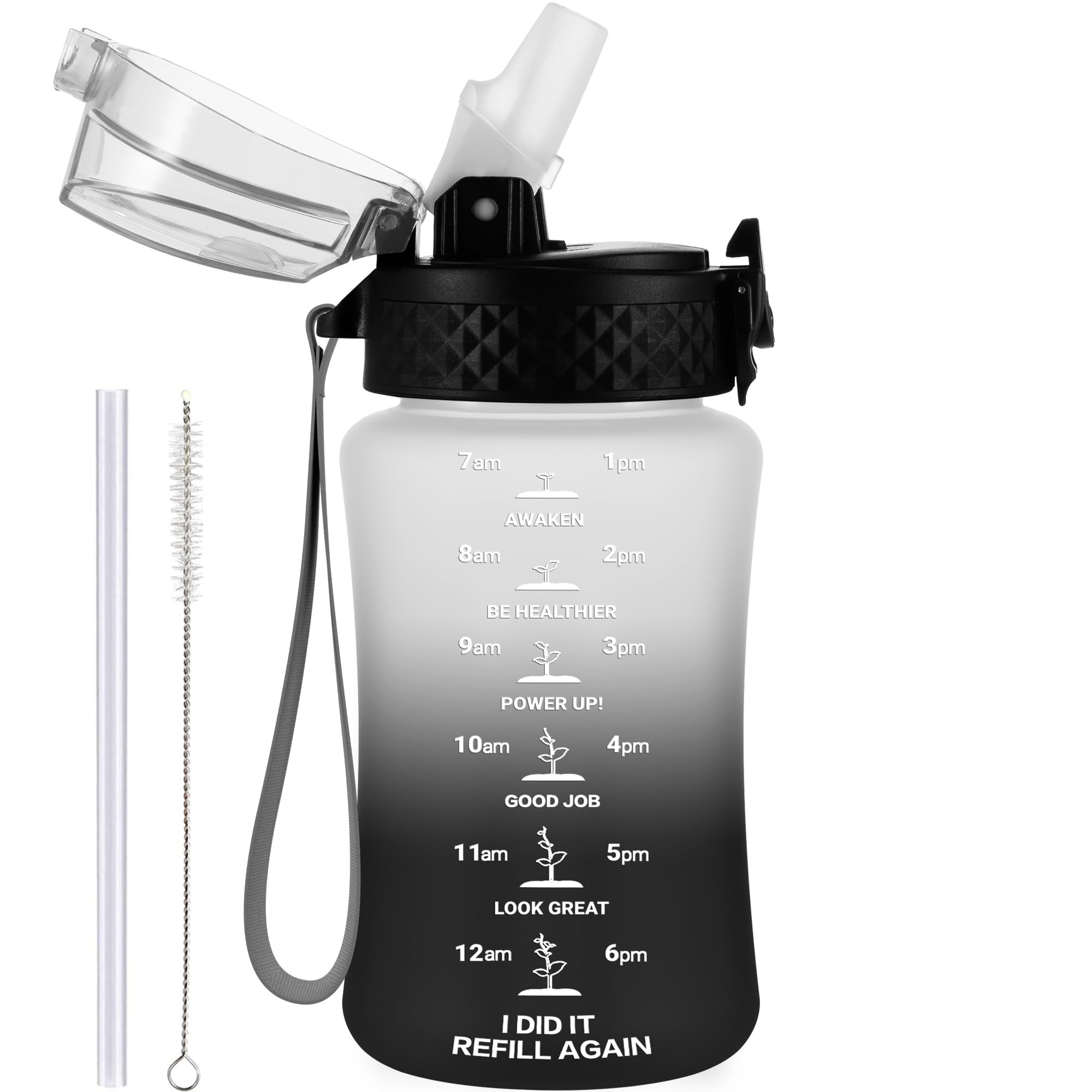 GOPPUS 350ml/12oz Kids Water Bottle With Straw Tritan Drinks Bottle with Strap Small Toddler Juice Bottles with Flip Top Lid Leakproof Children's Cup with Time Marking BPA free Girl Boy (White Black)