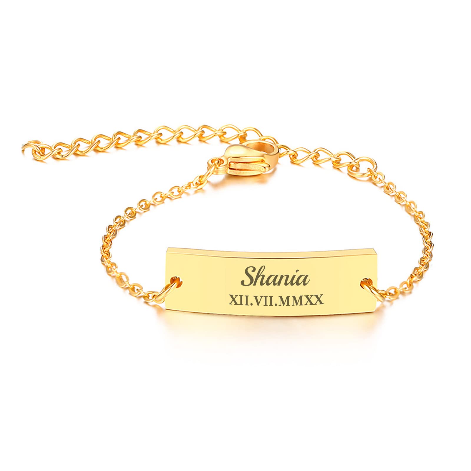 MEALGUET Personalized Child ID Bracelet : 18K Gold Plated Stainless Steel Custom Name ID Plate Bar Bracelet for Children Toddler from Mom, Engraved Kid Name for Daughter Son,Customized Birthday Gift