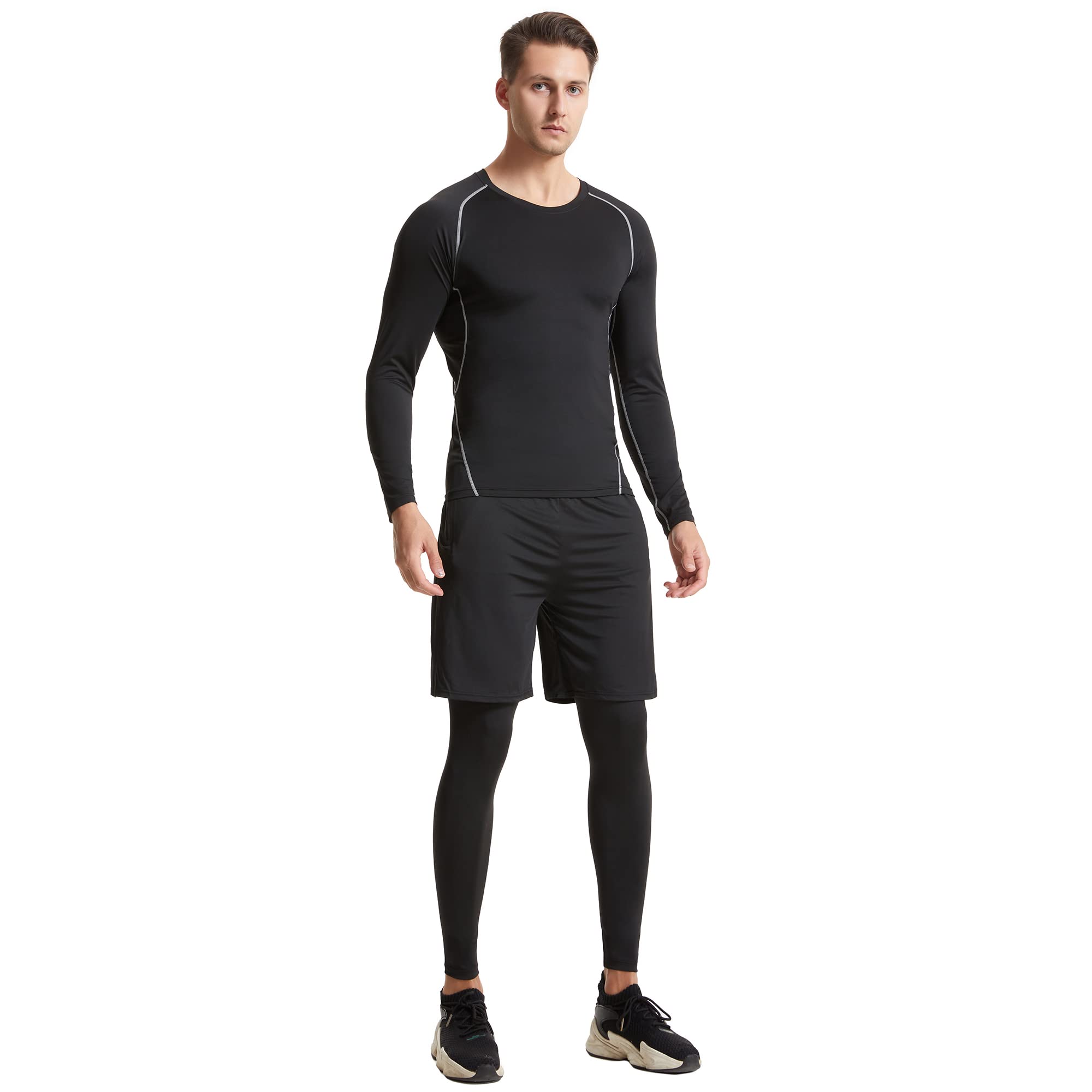 Uomo 5 pezzi Compressione Sportivi Abbigliamento Set Giacca con Cappuccio Pantaloni Camicia Top Completi Sportivi Tuta Fitness Palestra Uomo Formazione Vestiti Giacca Atletica Set