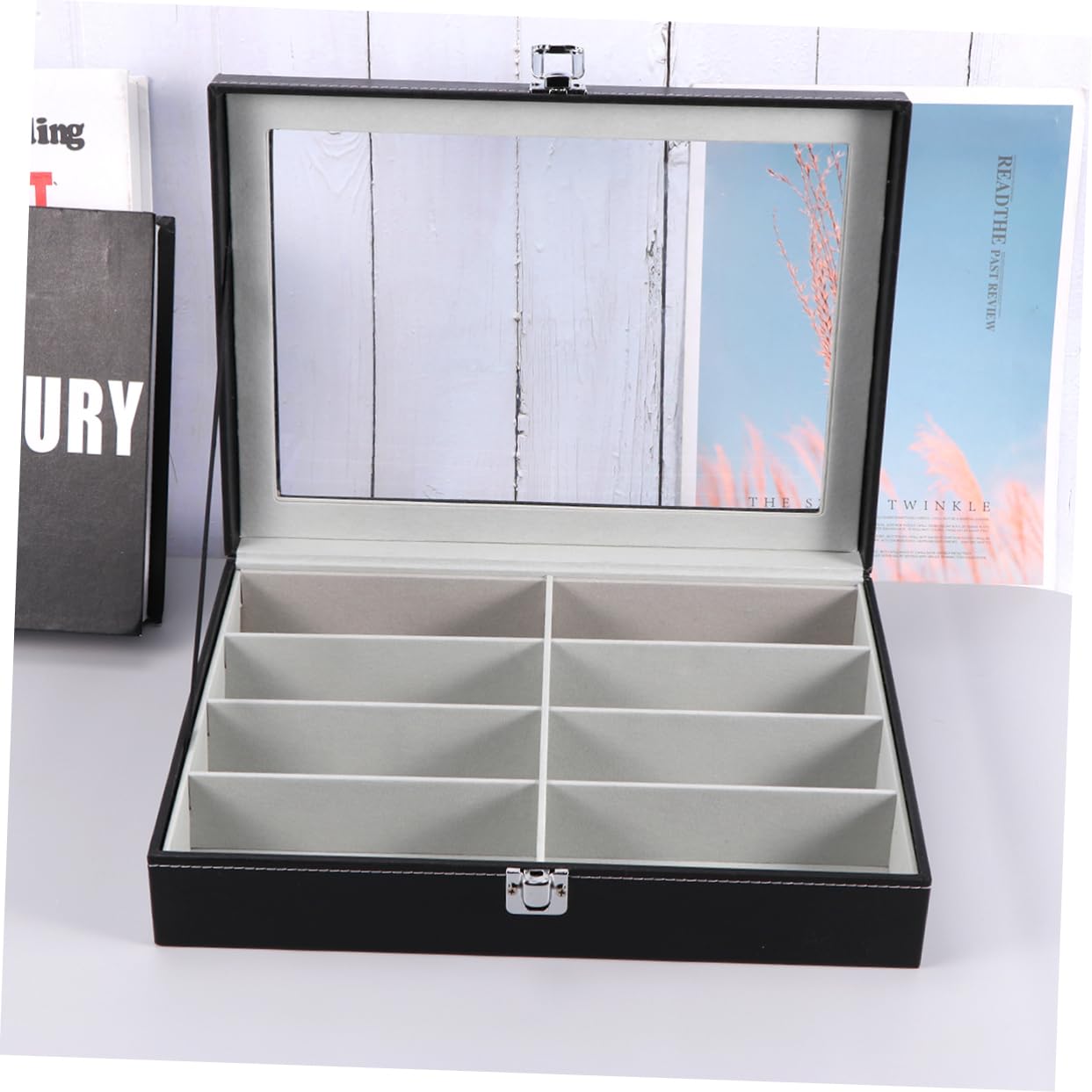 minkissy Estuche Organizador para Gafas De Sol con 8 Compartimentos, Interior De Tela Gris, Tapa De PU Negro con Textura De Punteado, Bandeja para Almacenamiento Seguro y Exhibición En Hogar y Tienda