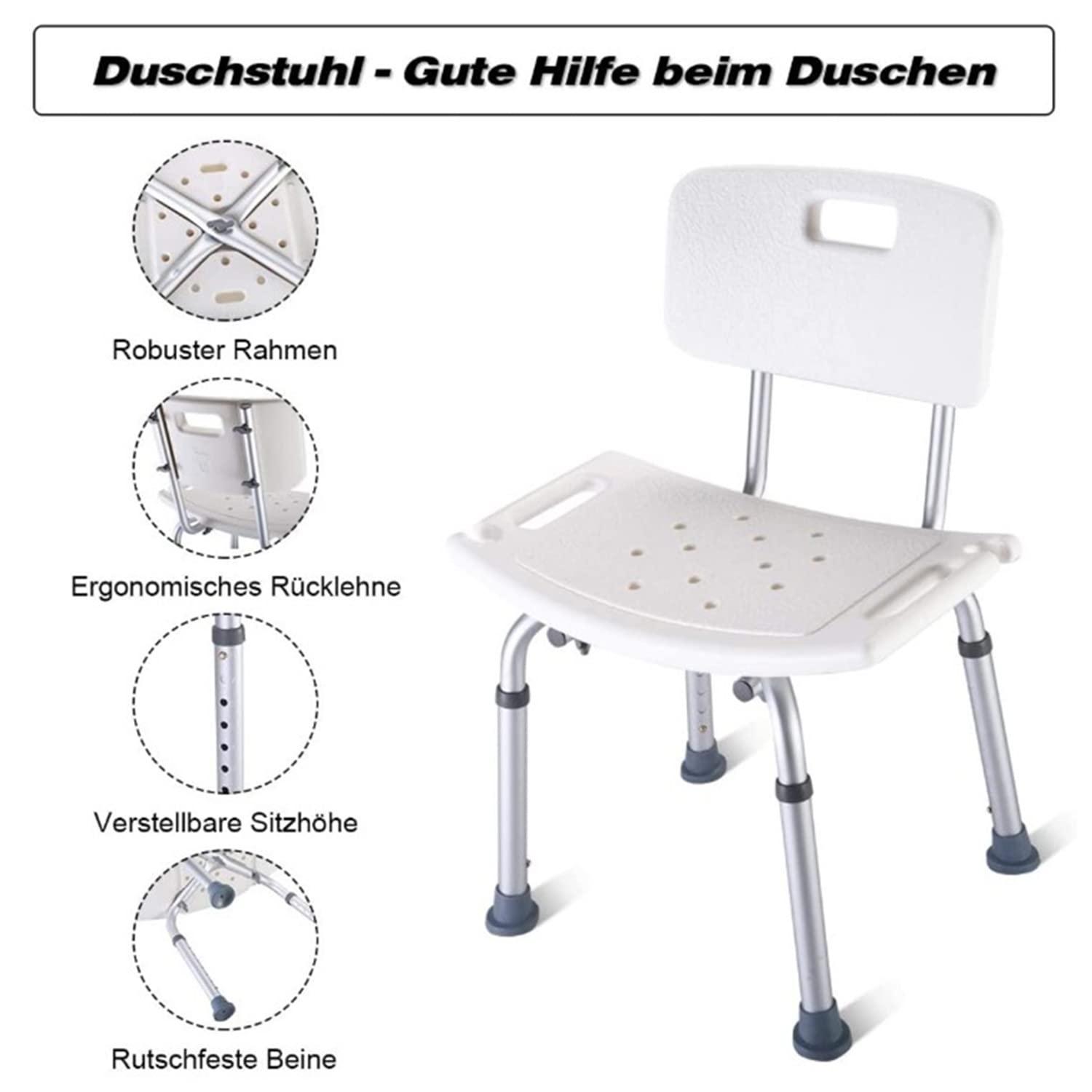Silla de ducha, Mod. Olivo, marca europea, asiento de ducha, para personas mayores y discapacitadas, ayuda a la inodoro, regulable en altura, respaldo (51 x 26 x 70 - 83,5 cm)
