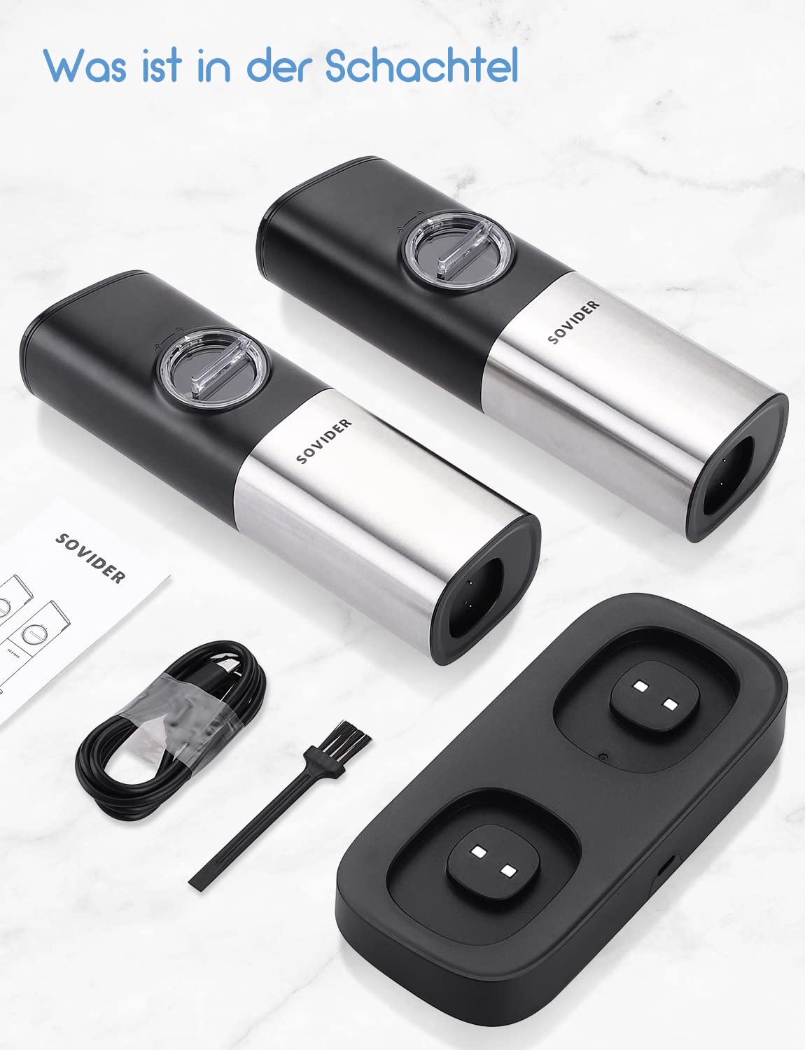 Schwerkraft Salz und Pfeffermühle Elektrisch 2er Set, Wiederaufladbare Pfeffermühle Elektrische mit Doppelter Ladestation, Weißes LED-Licht, Einstellbare Dicke, Kostenlose Batterie