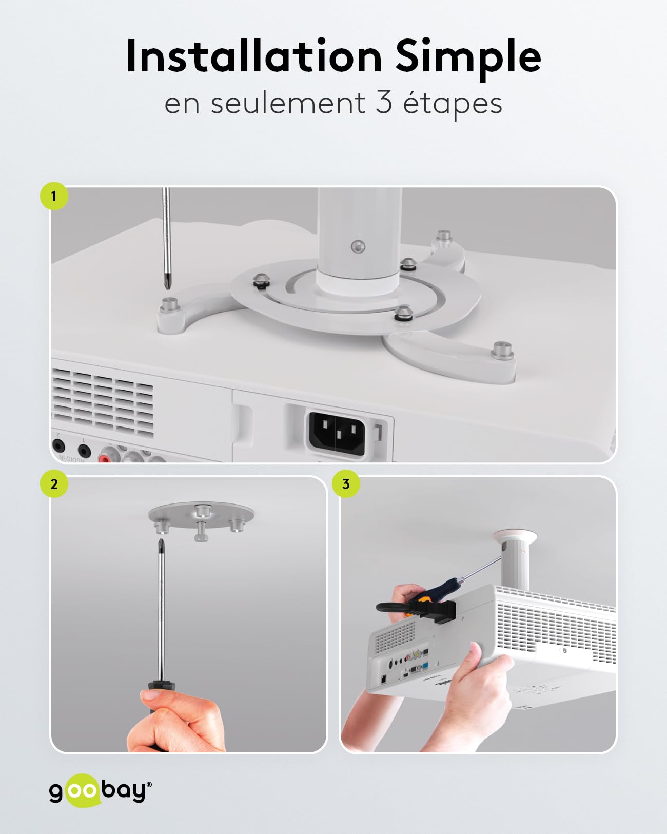 goobay Support Vidéoprojecteur Plafond Universel Jusqu'à 10 kg Entraxe 130-320 mm Inclinable 360° Rotatif Blanc - 51896
