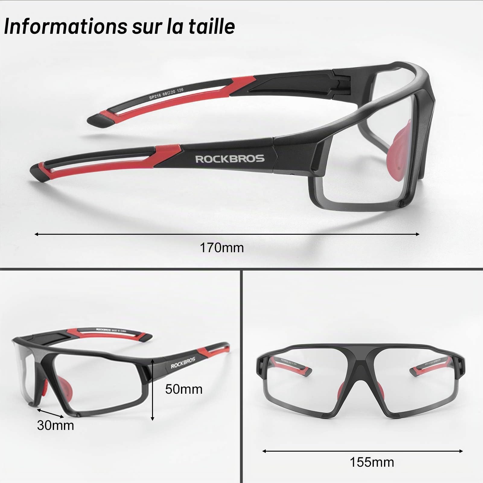 ROCKBROS Lunettes de Cyclisme Hommes Femmes Transparentes Décoloration Intelligente en PC Goggles Rectangles pour Activités d’Extérieur Vélo Moto Ski Snowboard Golf Pêche Alpinisme Bleu Noir