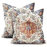PENUFILO Boho Pillow Covers 18x18 Inch Set of 2 Blue Orange Throw Pillows Vintage Ethnic Bohemian Coral Floral Print Decorative Pillowcase Farmhouse Linen Cushion Cover for Home Sofa Bedroom