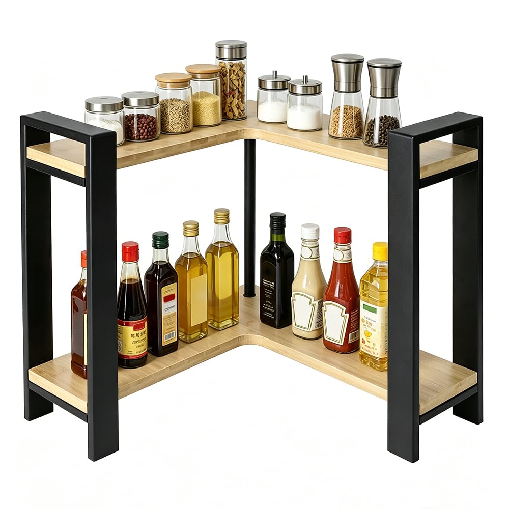 Estantería esquinera de cocina, encimera de 2 niveles, en forma de L, organizador para especias y utensilios de cocina, ahorra espacio y estable, 30 x 33 x 30 cm