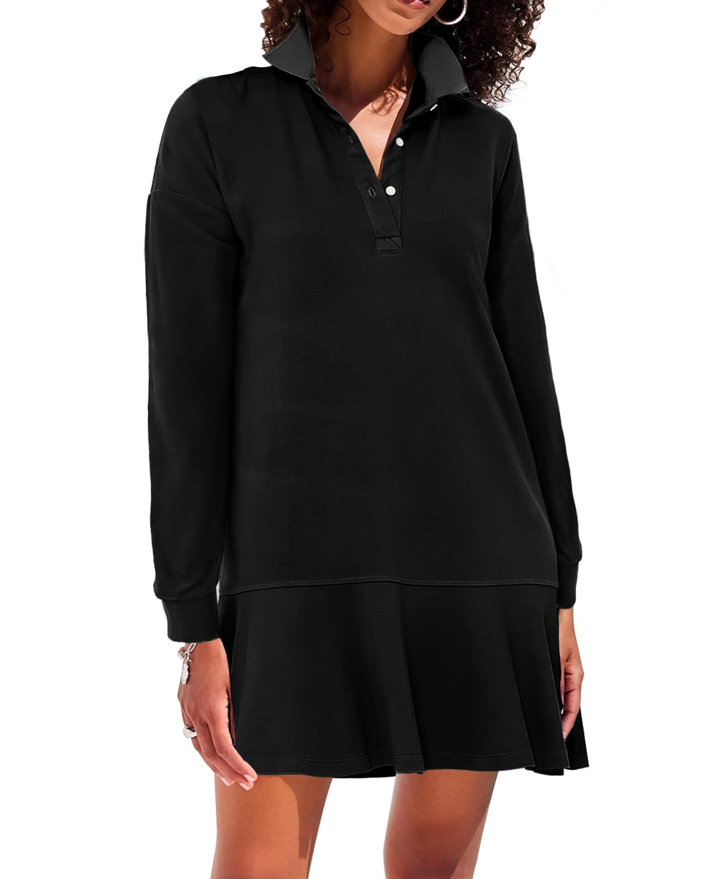 YEXPINE Mini robe polo à manches longues et col en V avec ourlet à volants pour femme