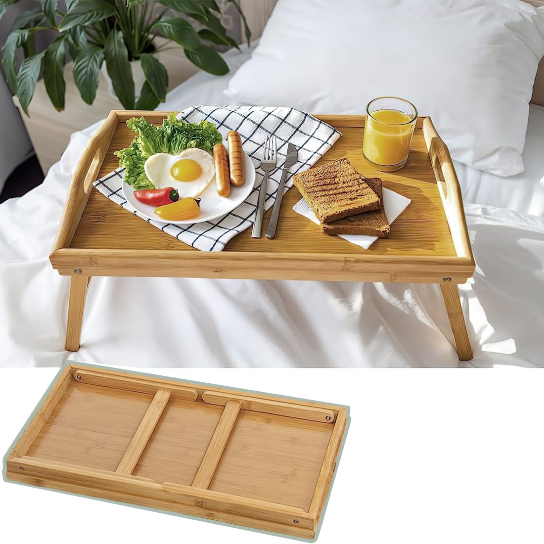 Plateau en bambou avec double fonction : Table de petit-déjeuner avec pieds déployants et bord haut - Idéal pour lit et canapé - Table pliante - Plateau en bois - 50 x 30 x 23 cm