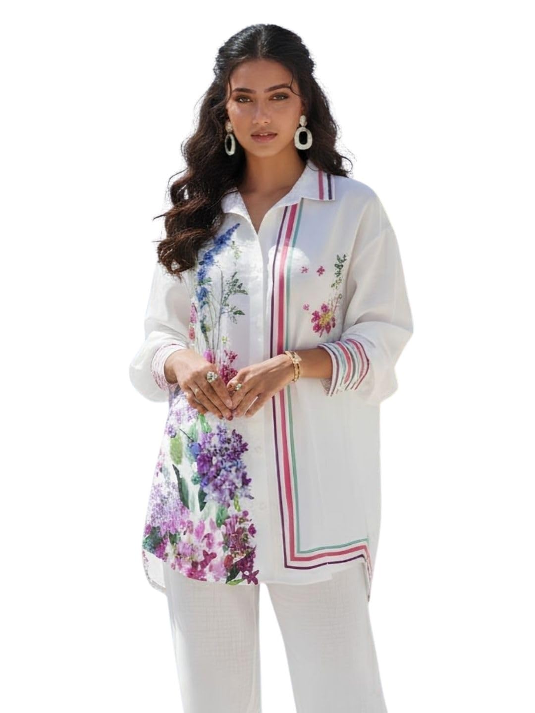 Women's 100% Pure Cotton White Multicolor Floral Printed Shirt Collar Top with High-Low Hemline | Full Sleeve Relaxed Fit Casual Wear | Comfortable Tunic Top for Daily, Office, Casual & Vacation Wear-picture-43