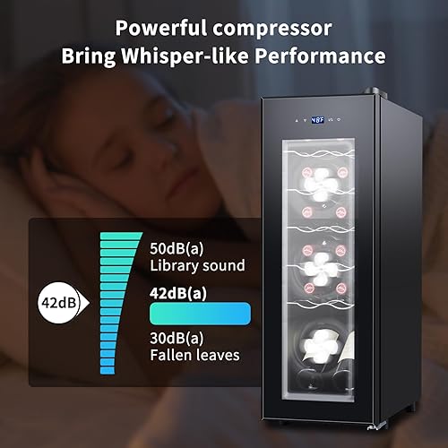 Miniatura 5 de Refrigerador de vino negro de 12 botellas, enfriador de vino pequeño de acero inoxidable independiente para vino tinto y blanco, refrigerador de