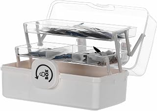 Sooyee Plastic Storage Box with 3-Tier Fold Tray,Tool Organizer Portable Handled Case,Portable Lockable Container for Arts, Crafts,Cosmetic, Sewing, Toy, Washi Tape, Legom,Clear/White