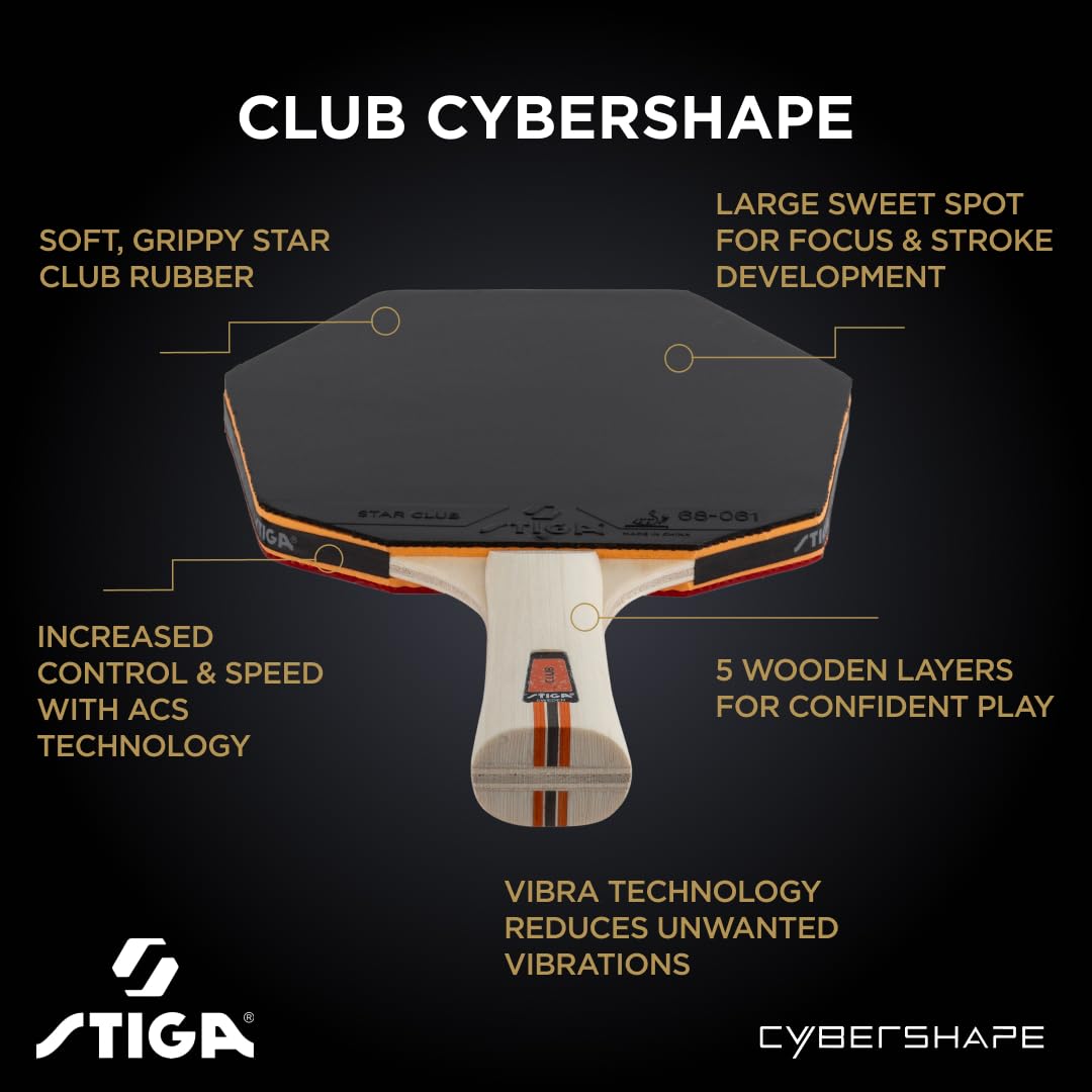 Raquette de Tennis de Table STIGA Club Cybershape. Raquette de Tennis de Table pour débutants avec Bois 5 Plis, revêtement Star Club et Grand Sweet Spot